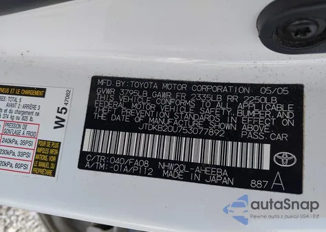 2005 Toyota Prius z USA, uszkodzony, nr VIN JTDKB20U753077892